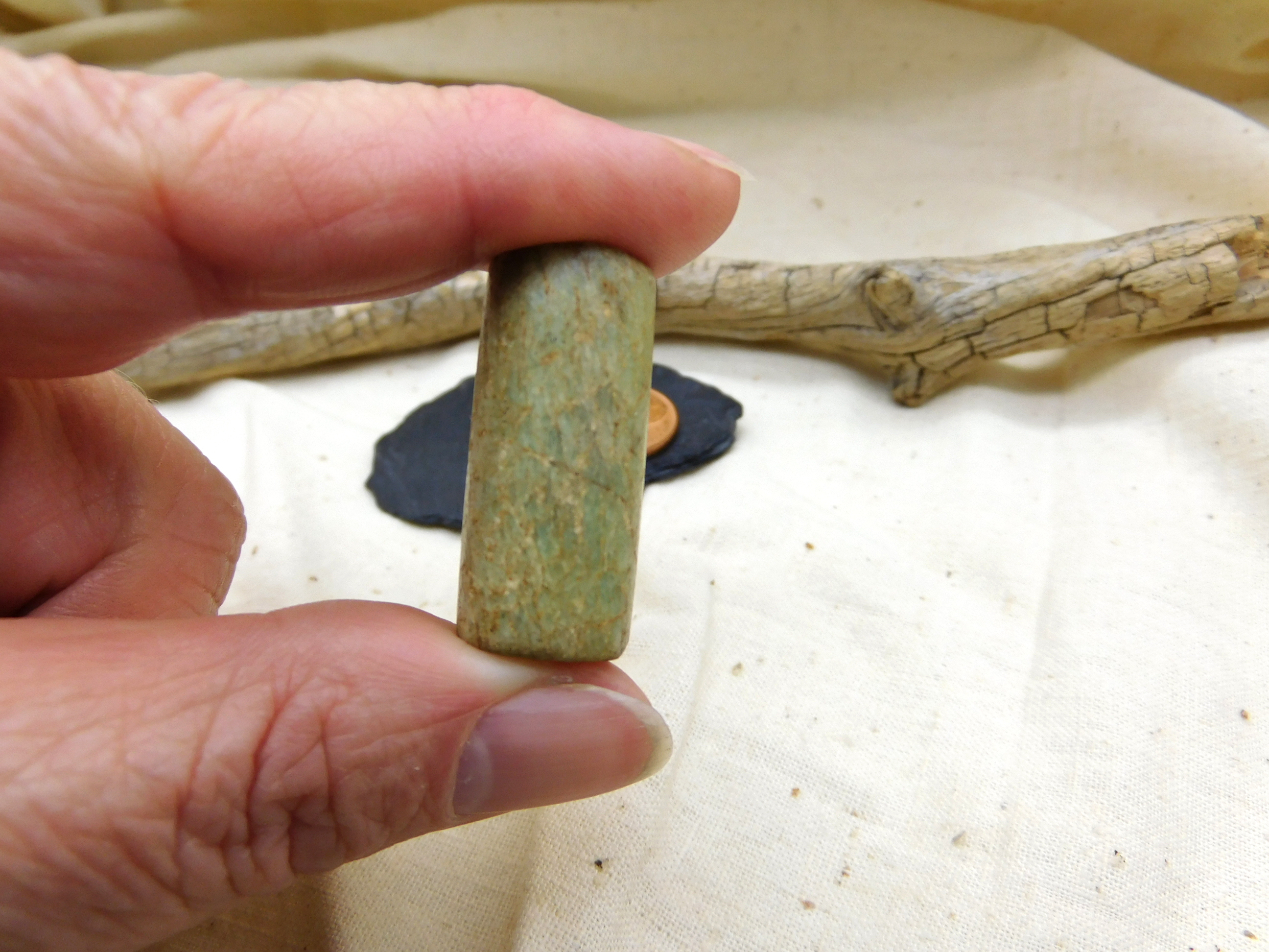 rare ancient Amazonite stone bead from Mauritania, cylindrical 1.26"