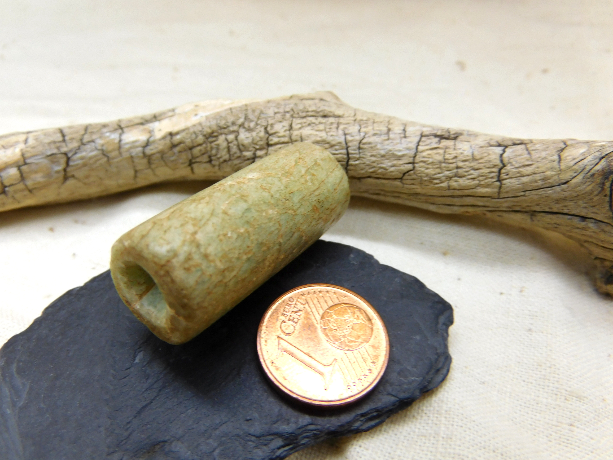 rare ancient Amazonite stone bead from Mauritania, cylindrical 1.26"