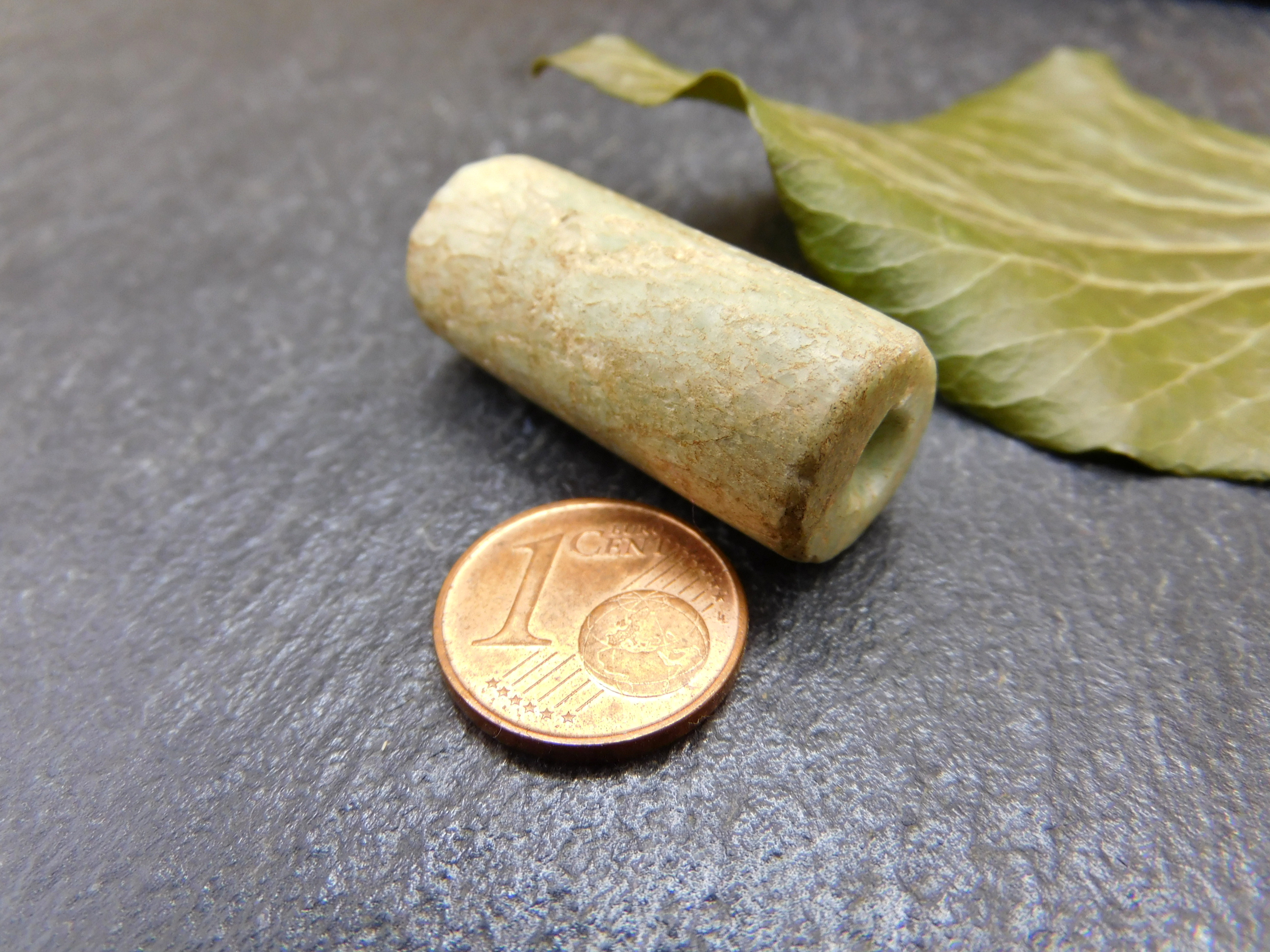 rare ancient Amazonite stone bead from Mauritania, cylindrical 1.26"