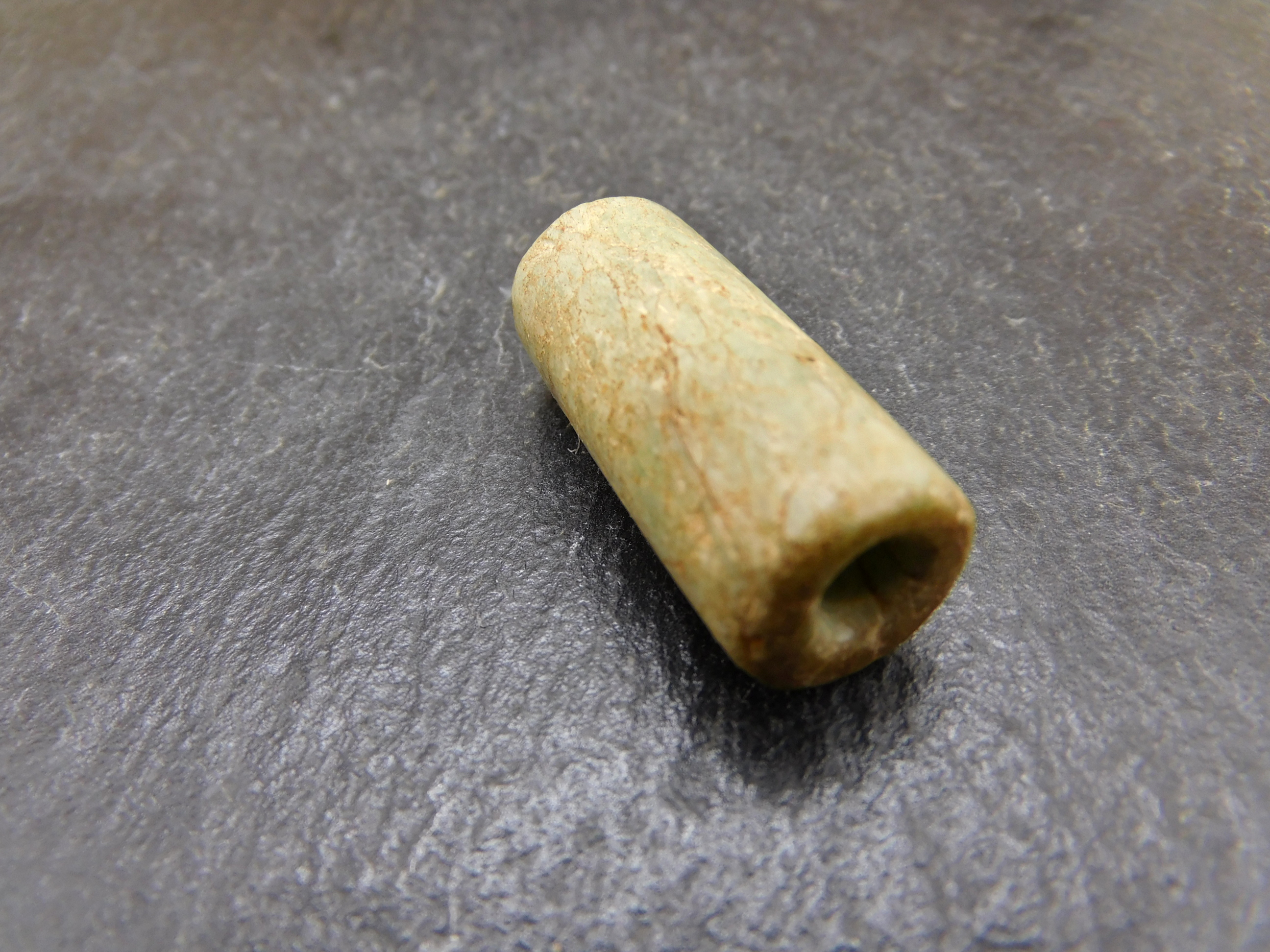 rare ancient Amazonite stone bead from Mauritania, cylindrical 1.26"