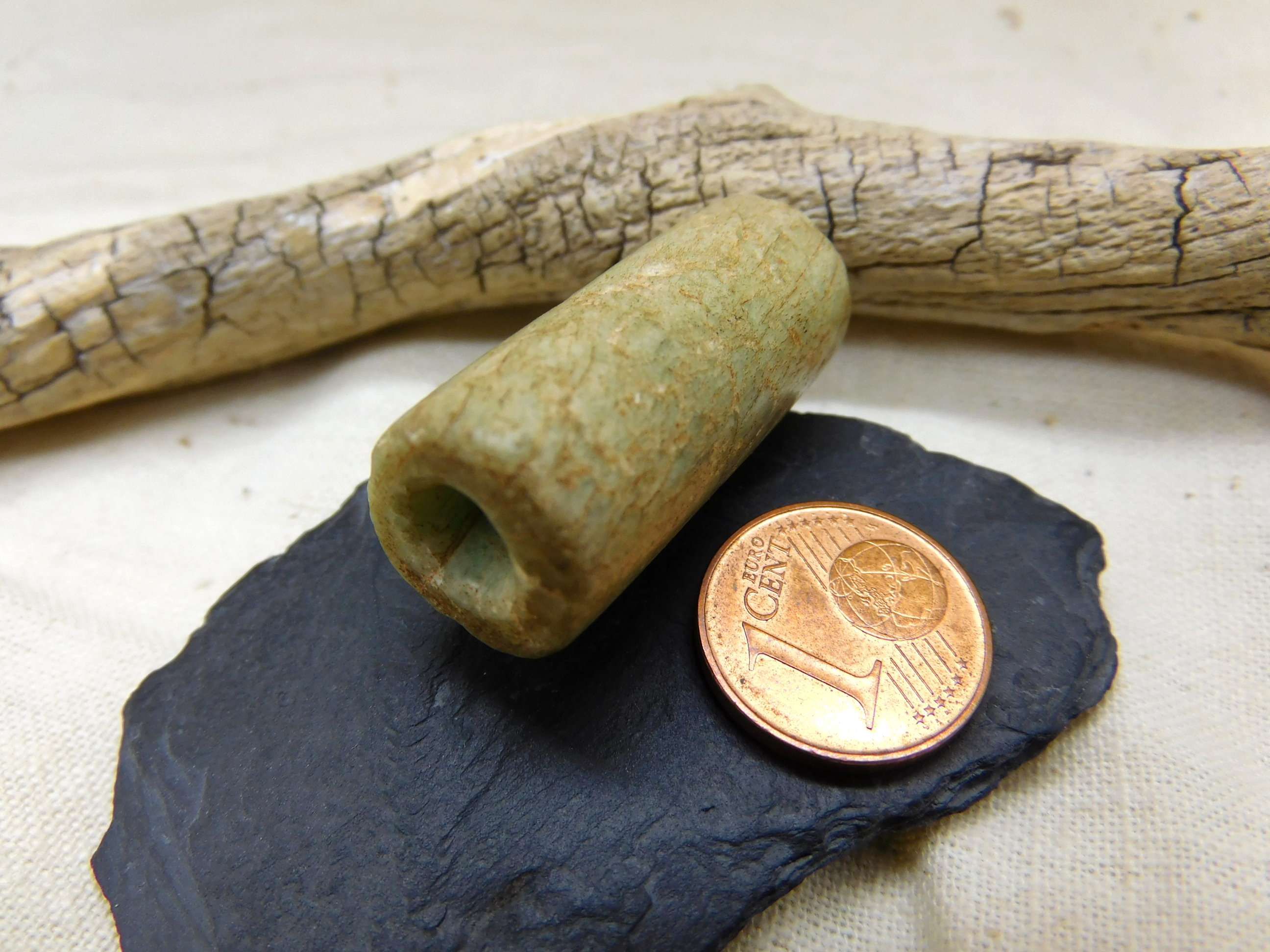 rare ancient Amazonite stone bead from Mauritania, cylindrical 1.26"